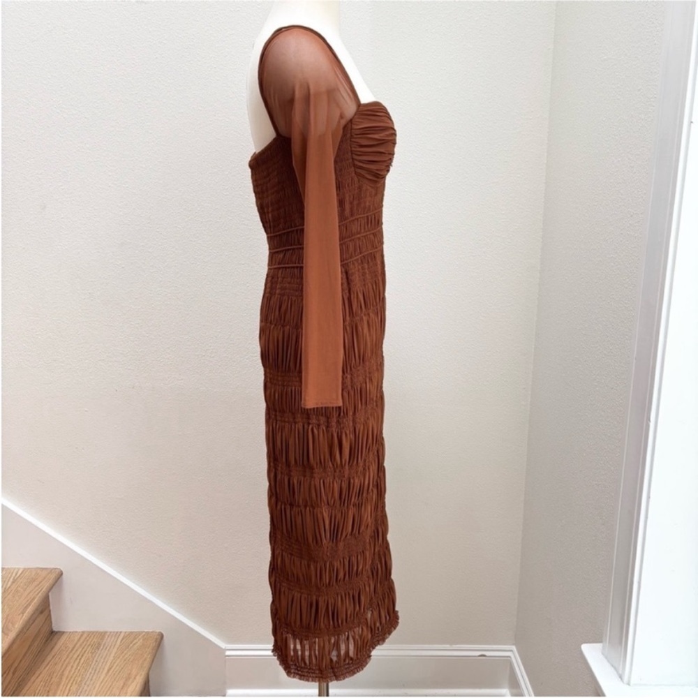 Self Portrait Midi Dress Shirred Mesh Long Sleeve Ruched Chocolate Brown Size 6 - Picture 9 of 13